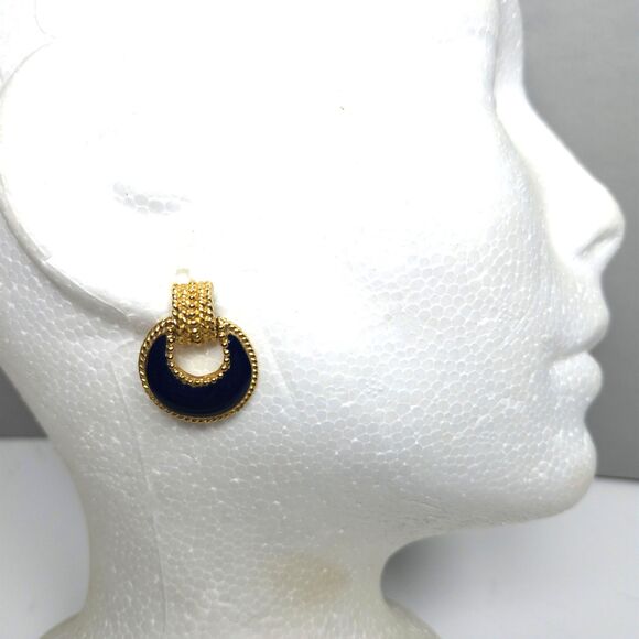 Vintage Door Knocker Earrings Nautical Posts 7/8 in. Navy Blue Gold - Picture 1 of 5